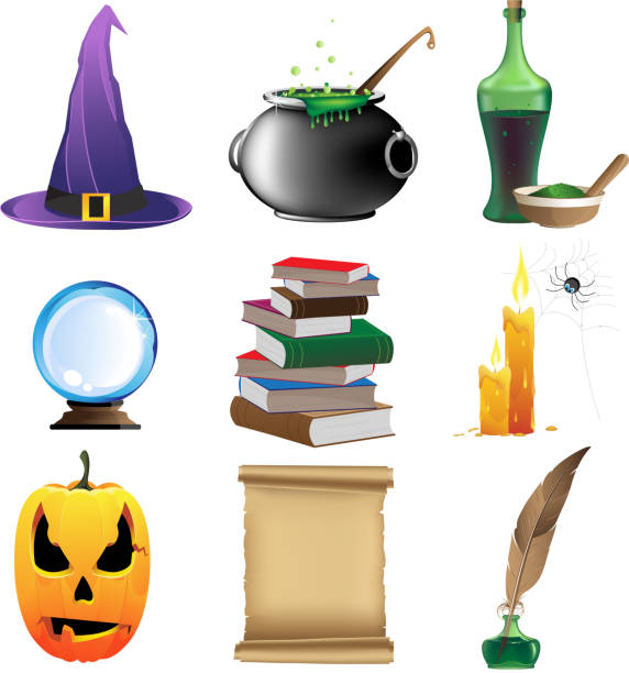 волшебный объектов - kitchen utensil gourd pumpkin magical equipment stock illustrations