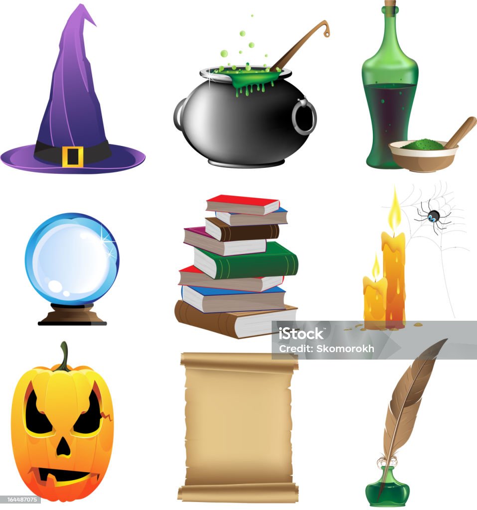 Magic objects Halloween set of witchcraft tools. Nine magic icons on white background. Bottle stock vector