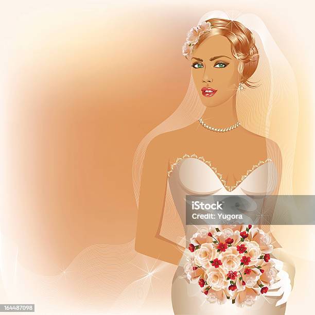 Wedding Background With Glamour Bride Holding Boouquet Of Roses Stock Illustration - Download Image Now