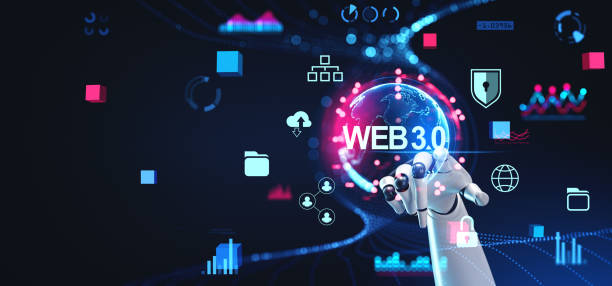 istock Robot hand touching web 3.0 hologram, futuristic technology and AI 1644872104