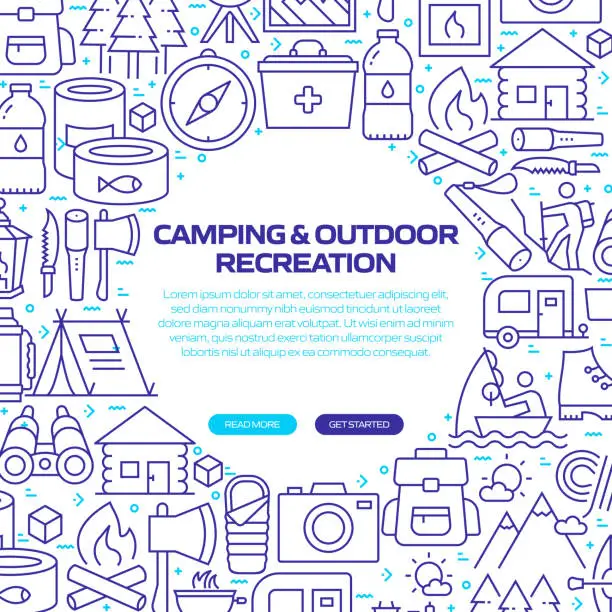 Vector illustration of CAMPING AND OUTDOOR RECREATION Web Banner with Linear Icons, Trendy Linear Style Vector