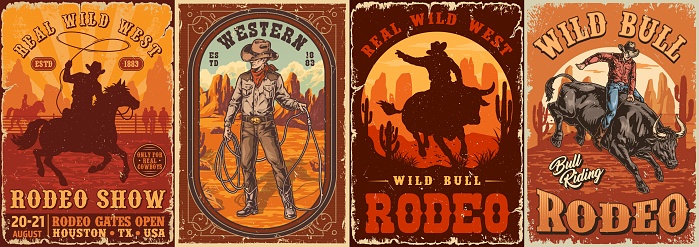 Rodeo show set posters colorful brave men from wild west inviting to visit ranch with bulls or horses vector illustration