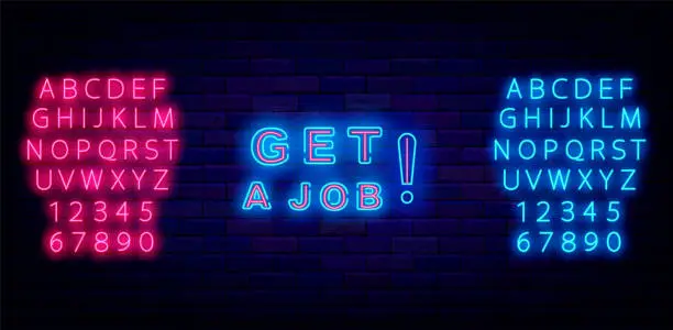 Vector illustration of Get a job neon label. Free vacancy. Job searching design. Luminous pink and blue alphabet. Vector stock illustration