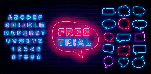 Free trial neon label. Speech bubbles frames collection. Shiny blue alphabet. Promotion sign. Subscribe gift. Glowing banner on brick wall. Editing text. Vector stock illustration