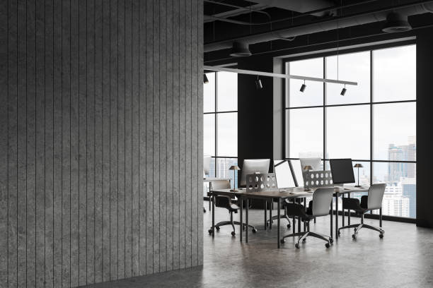 istock Gray and stone office interior with blank wall 1644878082