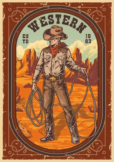 Vector illustration of Man cowboy colorful vintage sticker