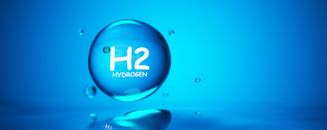 Hydrogen H2. chemical model. Concept of hydrogen H2. Renewable eco-energy. Hydrogen energy based on renewable energy sources. 3d render.