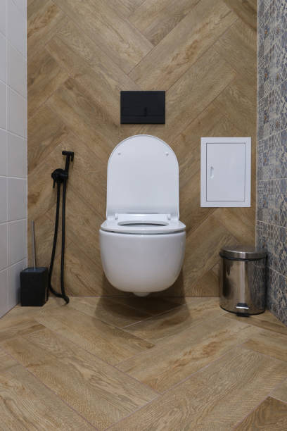 istock Bathroom with toilet, bidet hose, garbage can. 1644894555