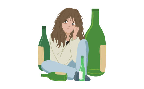 illustrazioni stock, clip art, cartoni animati e icone di tendenza di alcolismo femminile. giovane donna ubriaca siede in una pila di bottiglie vuote. abuso di alcol. dipendenza da alcol. salute mentale. depressione, stress, cattiva abitudine, stile di vita malsano. vettore isolato - alcoholism drunk hangover grief