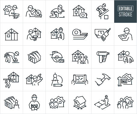 A set of wood framing construction icons that include editable strokes or outlines using the EPS vector file. The icons include a construction worker sawing wood with home in background, construction worker using nailer to frame house, construction worker using hammer, wood framing with tape measure, construction worker nailing roof using a nail gun, wood beams and boards of house, construction worker using power saw, construction worker holding blue-prints to house, tape measure, construction worker reviewing blue-prints, home construction, hand with hammer, house for sale, construction worker with tool belt, home ownership, house floor plan and a family standing outside of their newly constructed house.