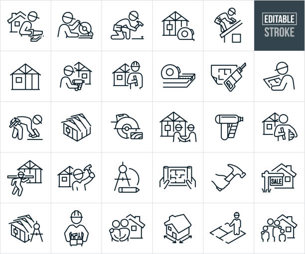 Wood Framing Construction Thin Line Icons - Editable Stroke A set of wood framing construction icons that include editable strokes or outlines using the EPS vector file. The icons include a construction worker sawing wood with home in background, construction worker using nailer to frame house, construction worker using hammer, wood framing with tape measure, construction worker nailing roof using a nail gun, wood beams and boards of house, construction worker using power saw, construction worker holding blue-prints to house, tape measure, construction worker reviewing blue-prints, home construction, hand with hammer, house for sale, construction worker with tool belt, home ownership, house floor plan and a family standing outside of their newly constructed house. clip art of a blueprint for a house stock illustrations