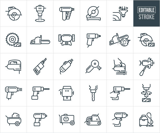 power tools dünne linie icons - editierbarer strich - bohrmaschine stock-grafiken, -clipart, -cartoons und -symbole