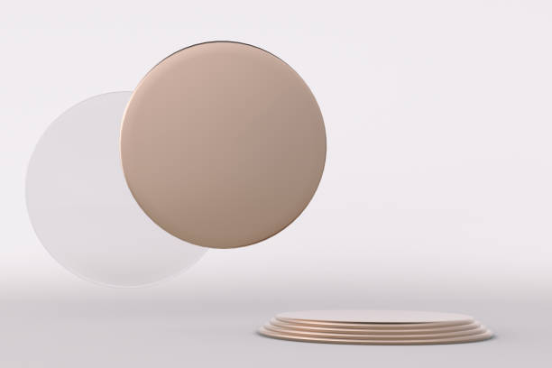 istock Clean background with empty golden round podium and copy space. Geometric shapes. 1644907195