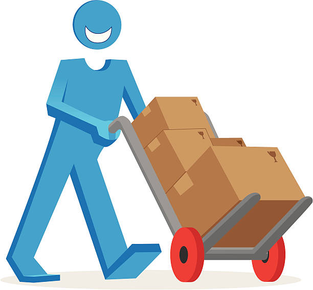 dostawy człowiek z pola - moving office relocation box hand truck stock illustrations