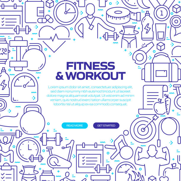 ilustrações de stock, clip art, desenhos animados e ícones de fitness and workout web banner with linear icons, trendy linear style vector - kettle bell activity aerobics athlete