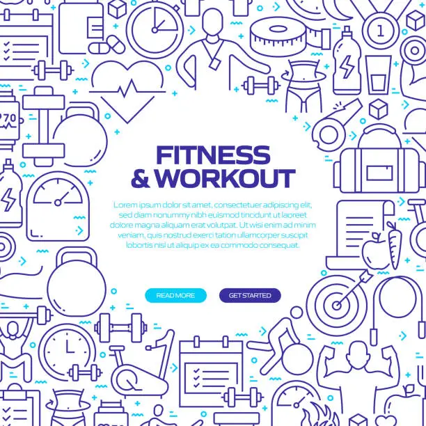 Vector illustration of FITNESS AND WORKOUT Web Banner with Linear Icons, Trendy Linear Style Vector