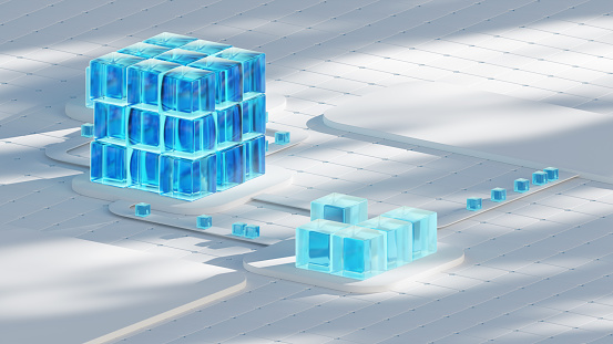 Abstract blockchain technology background - 3d rendered image. Big data building concept. Abstract technology, augmented reality (AR), virtual reality (VR), Cryptocurrency blockchain concepts. Pixelated infinity blocks structure.