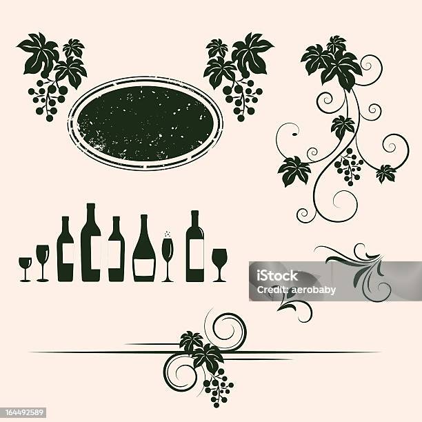 Виноградники Wineglasses И Декоративные Элементы Набор — стоковая векторная графика и другие изображения на тему Алкоголь - напиток