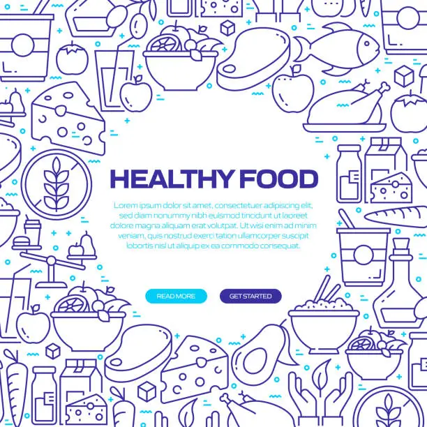 Vector illustration of HEALTHY FOOD Web Banner with Linear Icons, Trendy Linear Style Vector