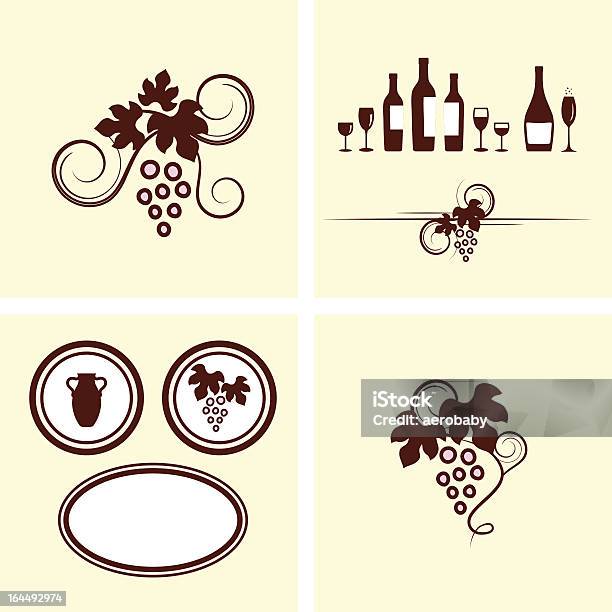Виноградники Wineglasses И Декоративные Элементы Набор — стоковая векторная графика и другие изображения на тему Алкоголь - напиток