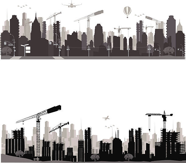 도시 skyline.construction - silhouette crane construction construction site stock illustrations