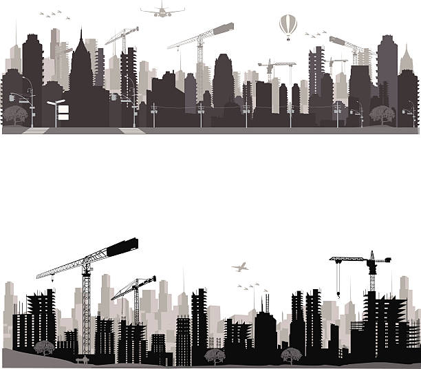 ilustrações, clipart, desenhos animados e ícones de skyline.construction cidade - silhouette crane construction construction site