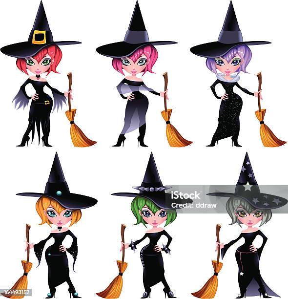 Set Of Funny Witches Stock Illustration - Download Image Now - Adult, Broom, Celebration Event