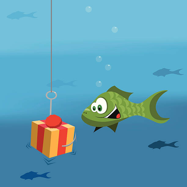Phishing A fish lured by a dangerous gift box. cartoon fishing hook stock illustrations