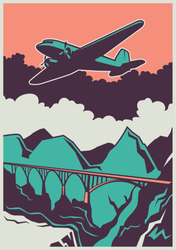 Retro poster with airplane and bridge. Vector illustration.