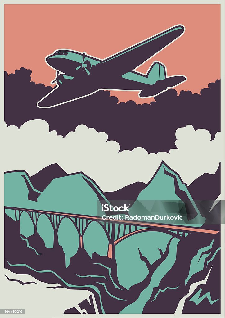 Retro poster with airplane and bridge. Retro poster with airplane and bridge. Vector illustration. Airplane stock vector