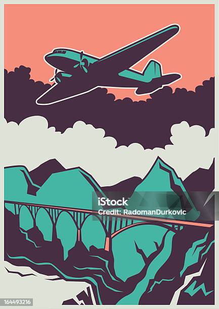 Retro Poster With Airplane And Bridge Stock Illustration - Download Image Now - Airplane, Poster, Retro Style