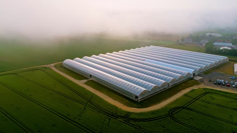 Aerial drone shot of greenhouse on agricultural landscape under sky