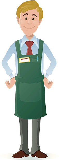 Clip art of a young male shopkeeper in a green apron Vector illustration of Shopkeeper with apron and name badge. Hi-res Jpeg, PNG and PDF files included. small business owner stock illustrations