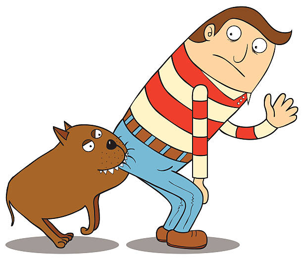 Cartoon of man bent over meanwhile his buttock bitten by dog Represent a dog biting a man butt. angry dog barking cartoon stock illustrations