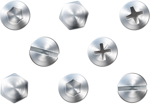 A set of metal shiny screws and bolts for use in your designs. Vector file is eps 10 and uses transparency blends and gradient mesh