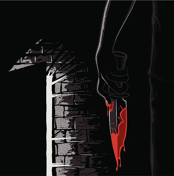 Vector illustration of Murderer with a bloody knife in noir style