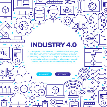 INDUSTRY 4.0 Web Banner with Linear Icons, Trendy Linear Style Vector