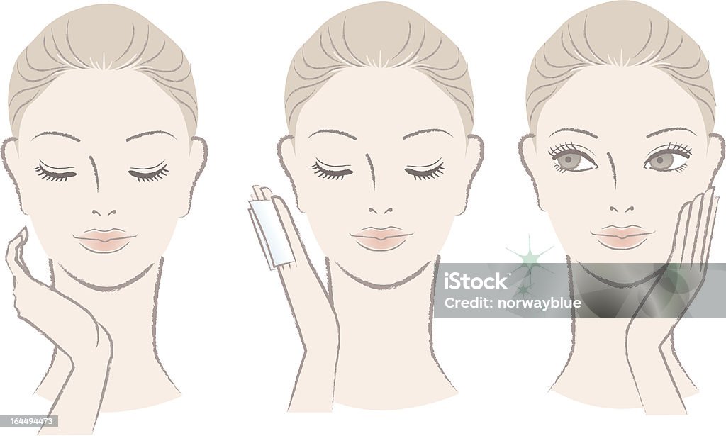 Doce Mulher bonita aplicando loção facial no rosto - Royalty-free Desenhar arte vetorial