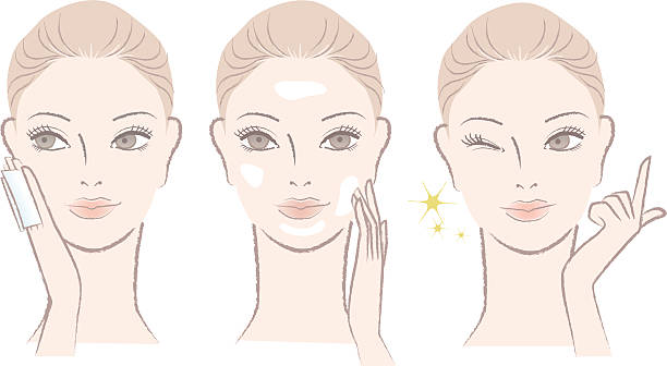 Beautiful woman applying skincare lotion, cream on the  face vector art illustration