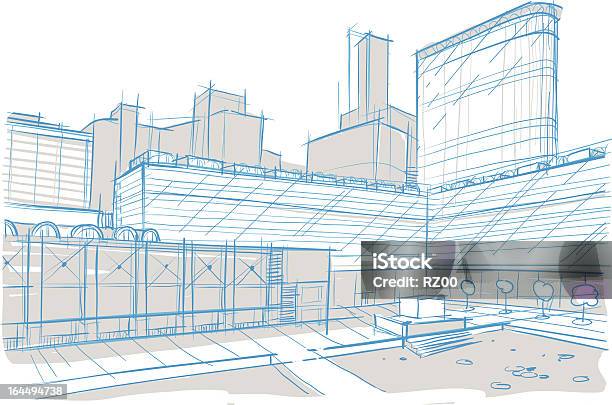 Architectural Sketch Square Street Stock Illustration - Download Image Now - Blueprint, Skyscraper, Bridge - Built Structure