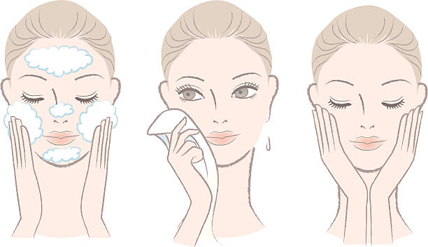 Set of fresh beautiful woman in process for washing face vector art illustration