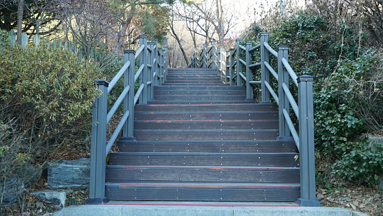 Wooden steps in a winter outdoor park are on a walkway