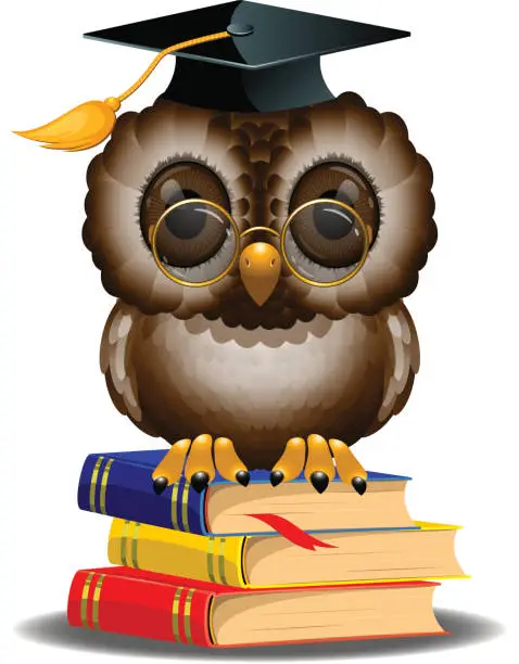 Vector illustration of Wise owl on a stack of books