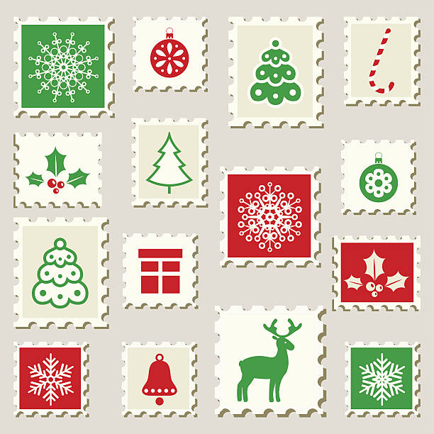 Set of winter postal stamps. Set of postal stamps with Christmas decoration symbols. Vector illustration. snow globe empty silhouette stock illustrations