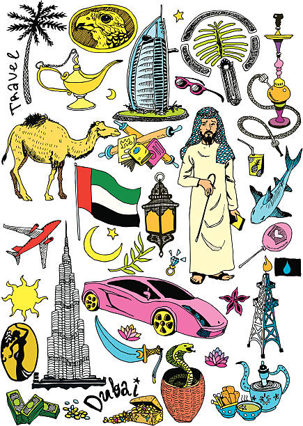 illustrazioni stock, clip art, cartoni animati e icone di tendenza di disegnati a mano vettoriale collezione di dubai - united arab emirates middle eastern ethnicity men camel