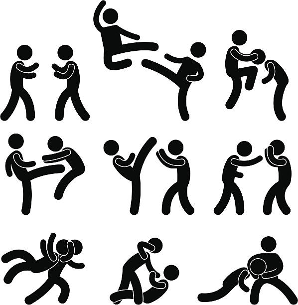 ilustraciones, imágenes clip art, dibujos animados e iconos de stock de luchar y pictograma de artes marciales - kicking tae kwon do martial arts flying