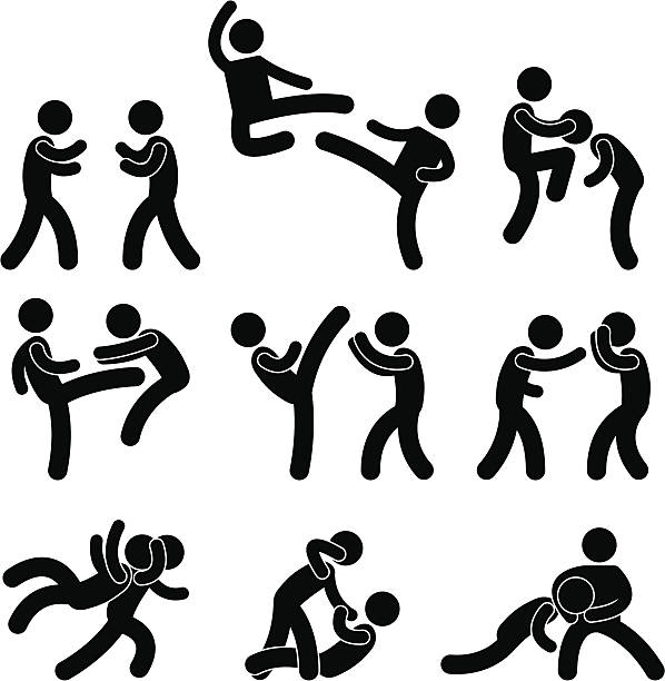 illustrazioni stock, clip art, cartoni animati e icone di tendenza di lottare e arti marziali pittogramma - kicking tae kwon do martial arts flying