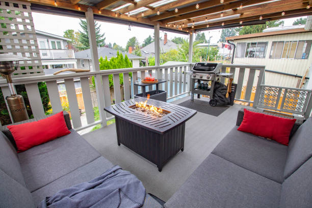 istock Outdoor patio deck in summer with a BBQ and fire table 1644989538