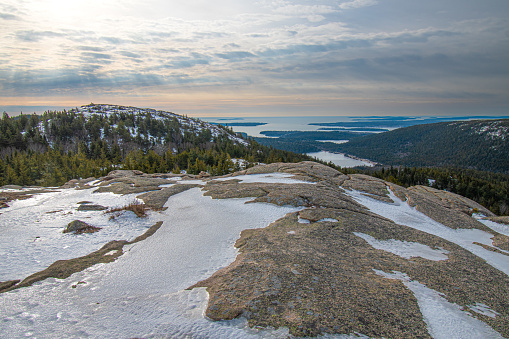 Panoramic view of snow and pines on a mountain by the coast with sea and horizon in the background