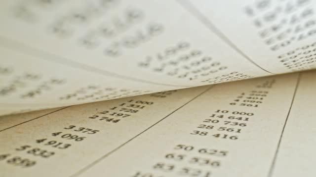 Mathematical Tables Book with Lists of Numbers Showing Results of Calculation of Squares Probe Lens